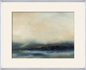 Water II wall art featuring abstract landscape in soft blues and neutrals, framed in white.