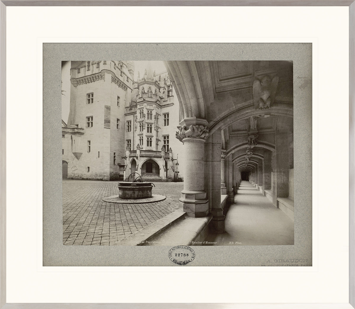 Chateau De Pierrefonds wall art featuring a historic colonnade and courtyard in black and white.