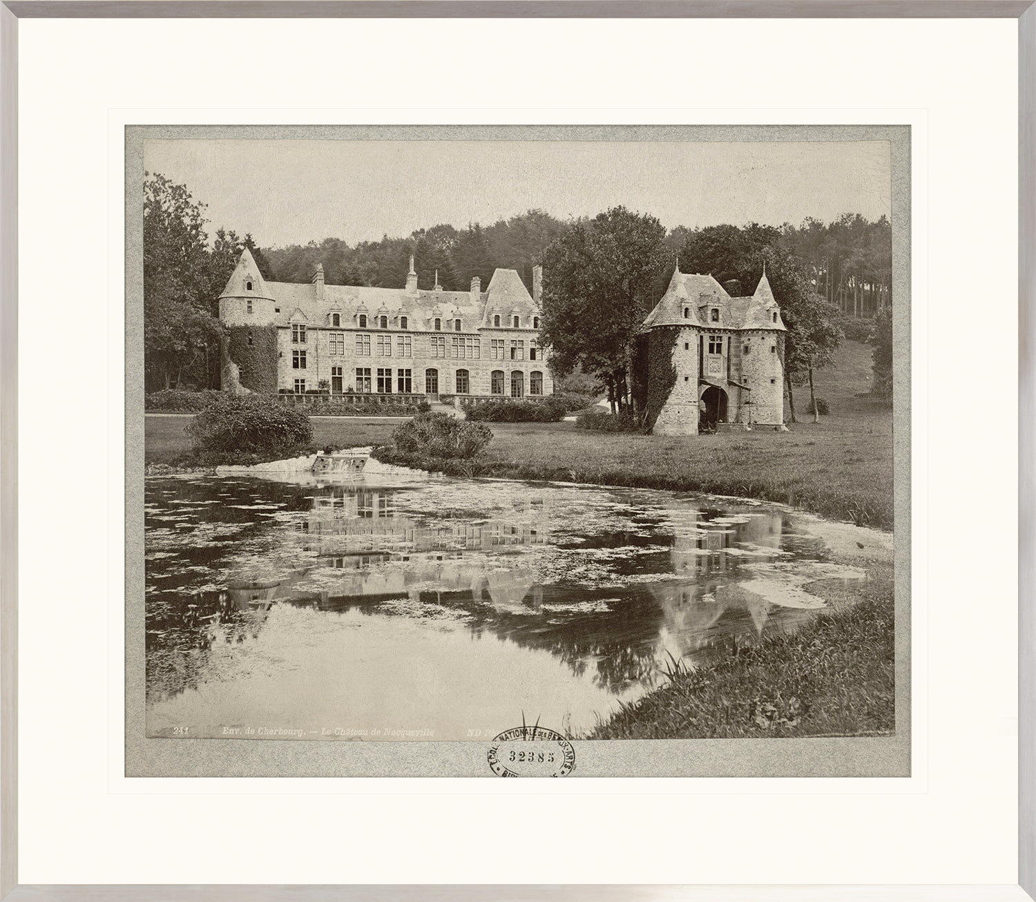 Chateau De Nacqueville wall art featuring a vintage photograph of a castle and pond.