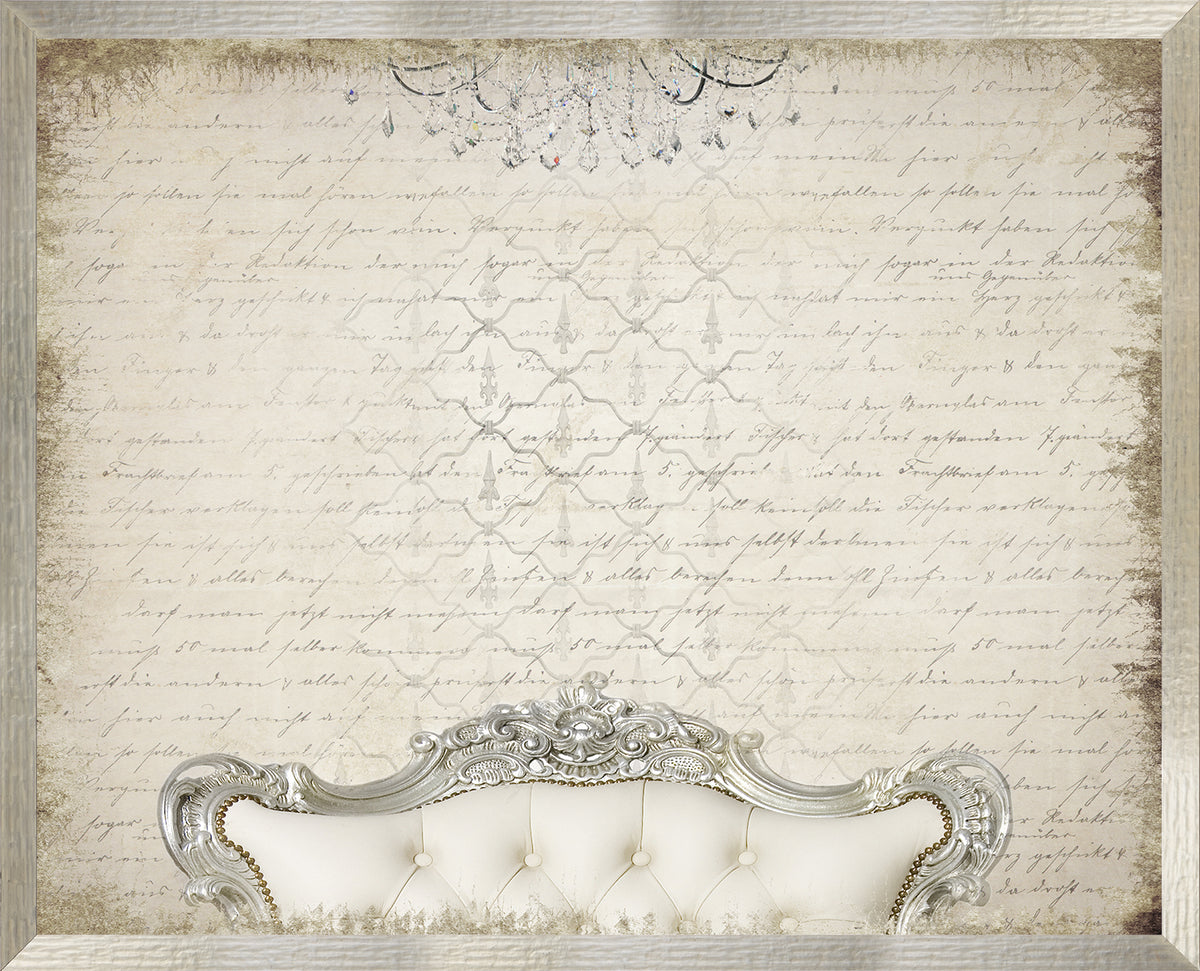 Scripted Luxury wall art featuring a vintage script background with ornate silver frame and elegant chandelier.