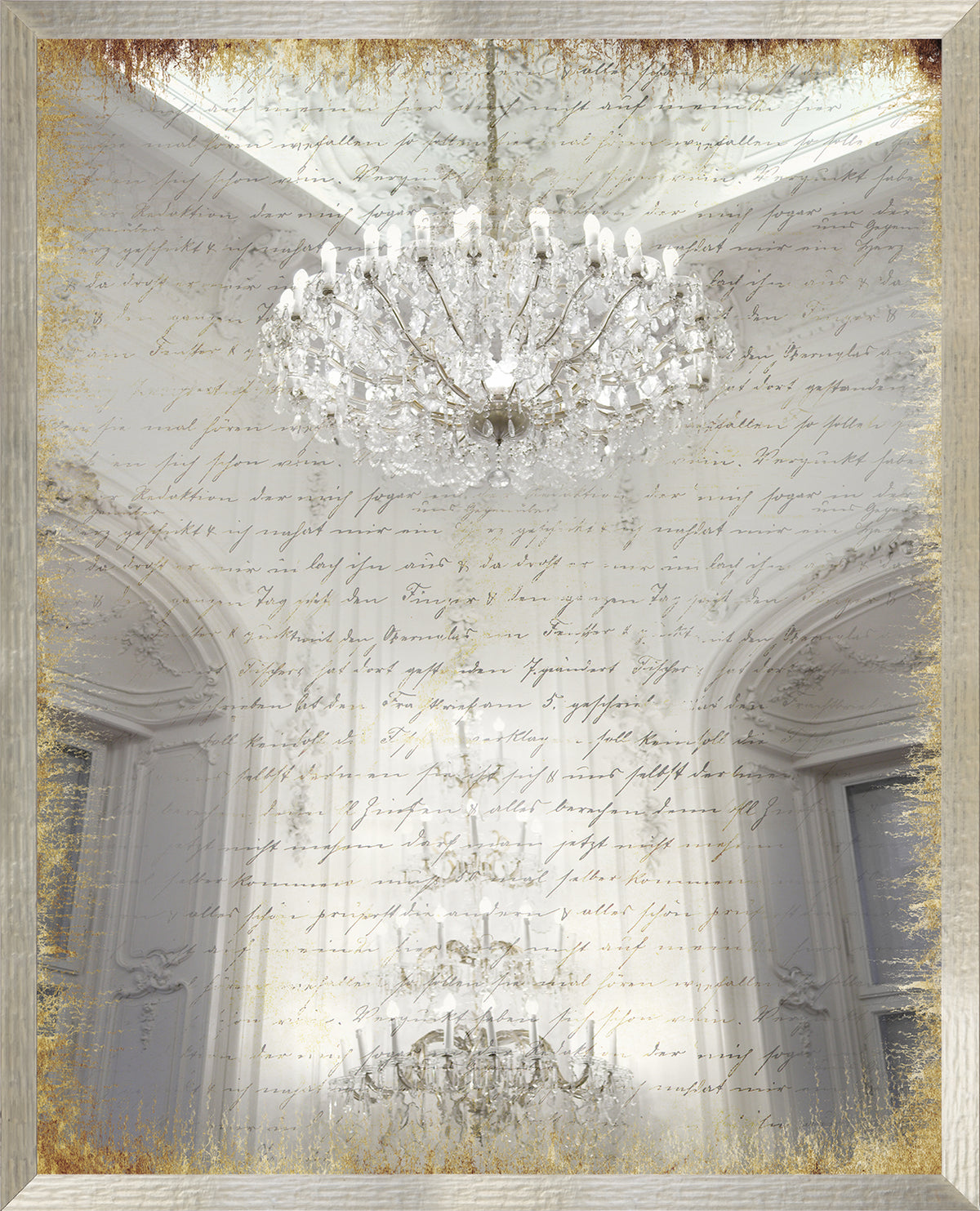 Scripted Chandelier featuring a crystal chandelier against a textured background with handwritten script and a gold border.