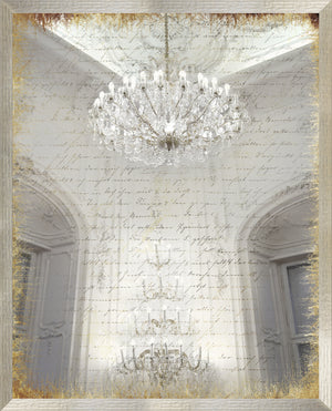 Scripted Chandelier featuring a crystal chandelier against a textured background with handwritten script and a gold border.