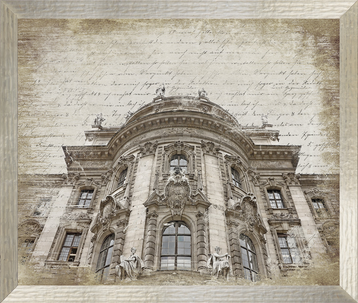 Gilded Facade wall art featuring a historic building with intricate details and a vintage background.