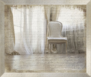 Breezy Elegance wall art featuring a vintage chair and soft curtains with a textured background