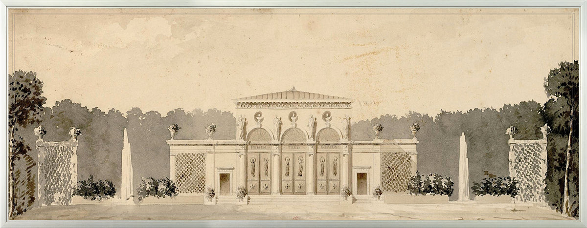 Café Glacier wall art featuring a watercolor depiction of a grand architectural facade