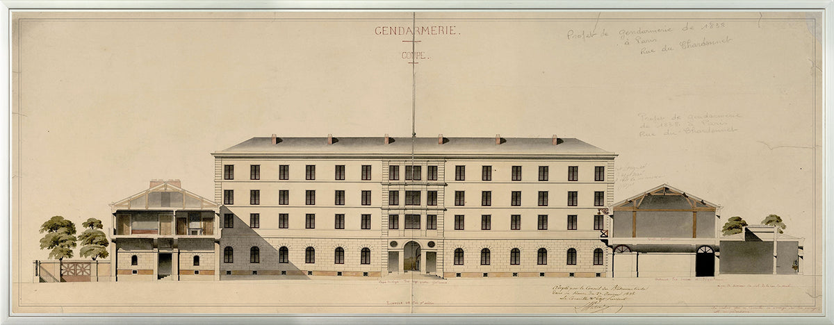 Project De Gendarmerie wall art featuring a detailed architectural illustration of a gendarmerie building.