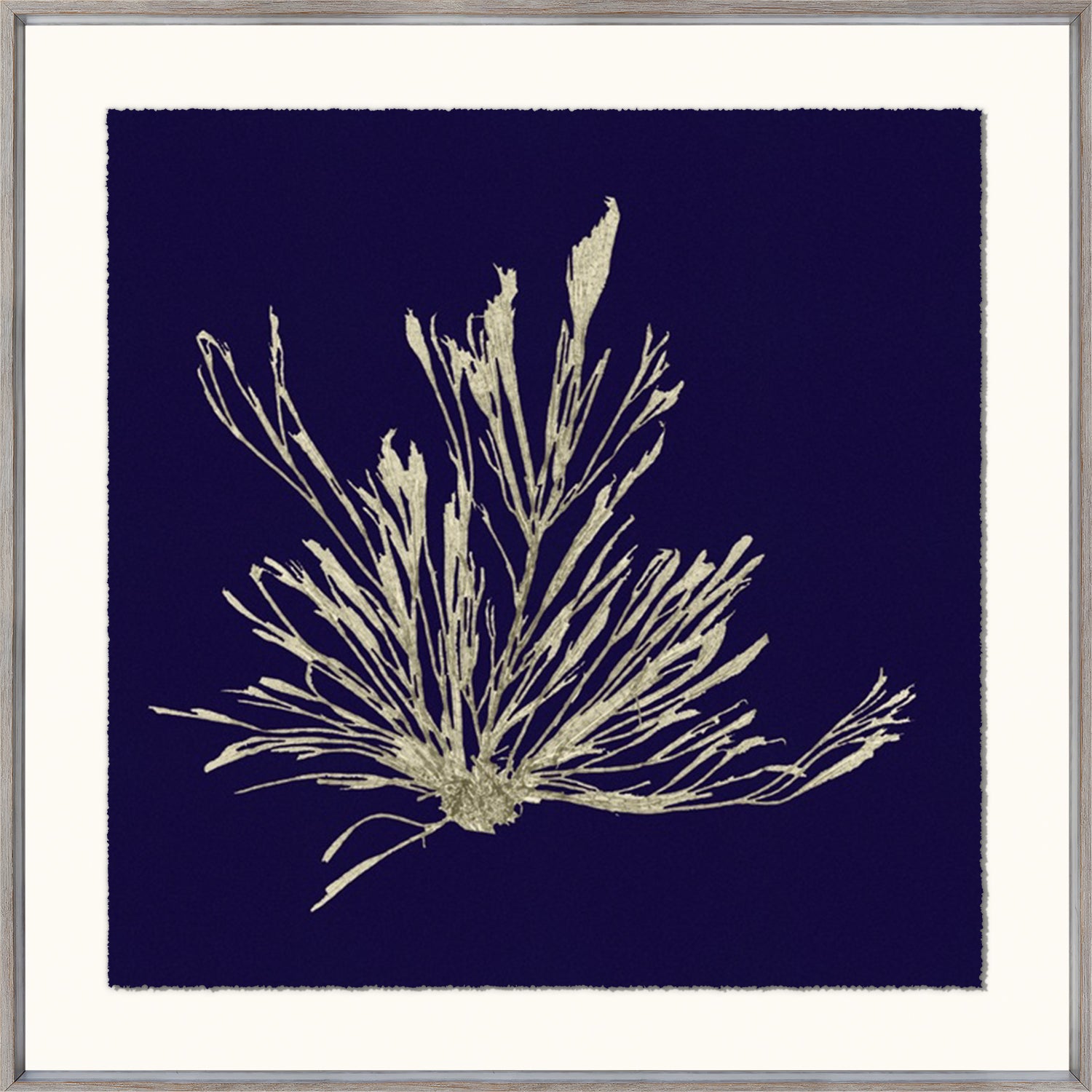 Seaweed On Navy III wall art featuring a gold seaweed design on a navy background.