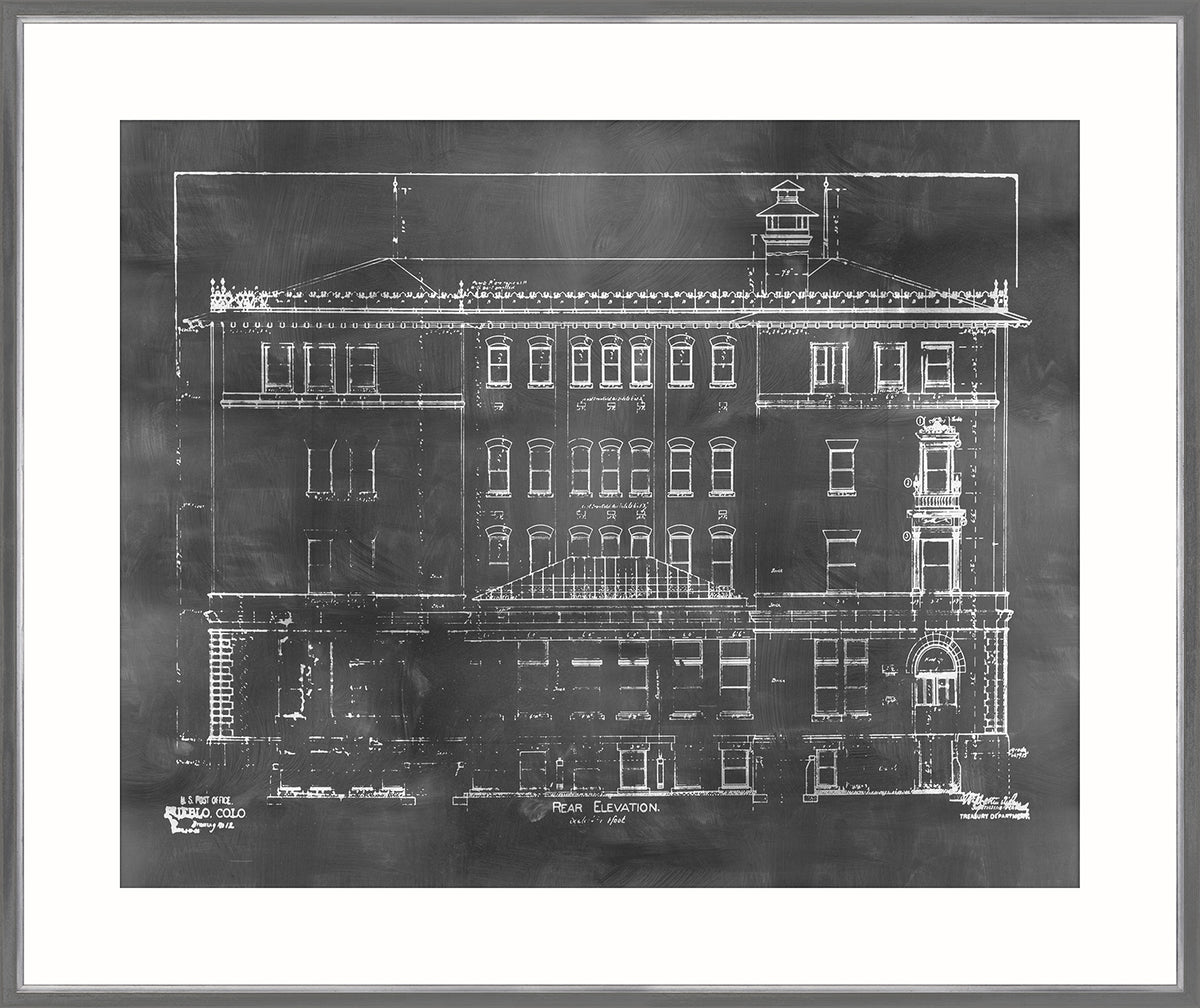Blueprint – Rear Elevation wall art featuring a white architectural drawing on a black background.