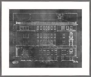Blueprint – Rear Elevation wall art featuring a white architectural drawing on a black background.
