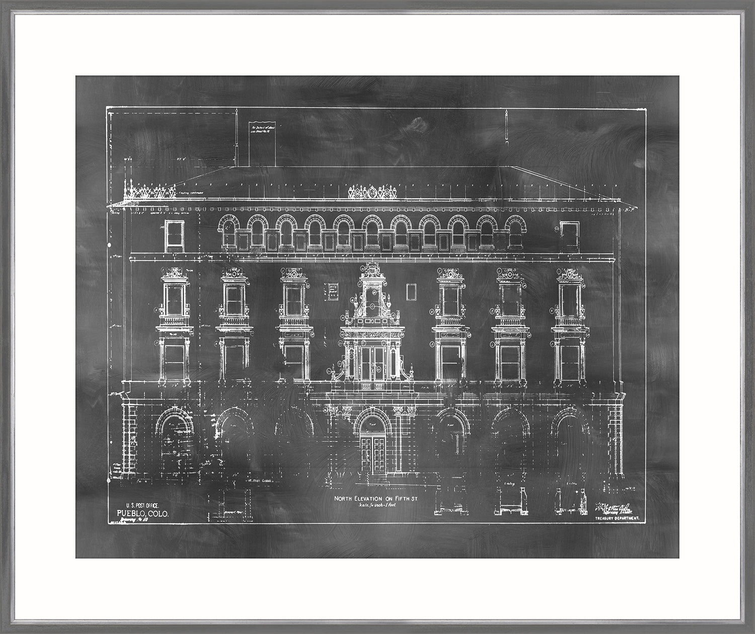 Blueprint – North Elevation wall art featuring a detailed architectural drawing in white on a dark background.