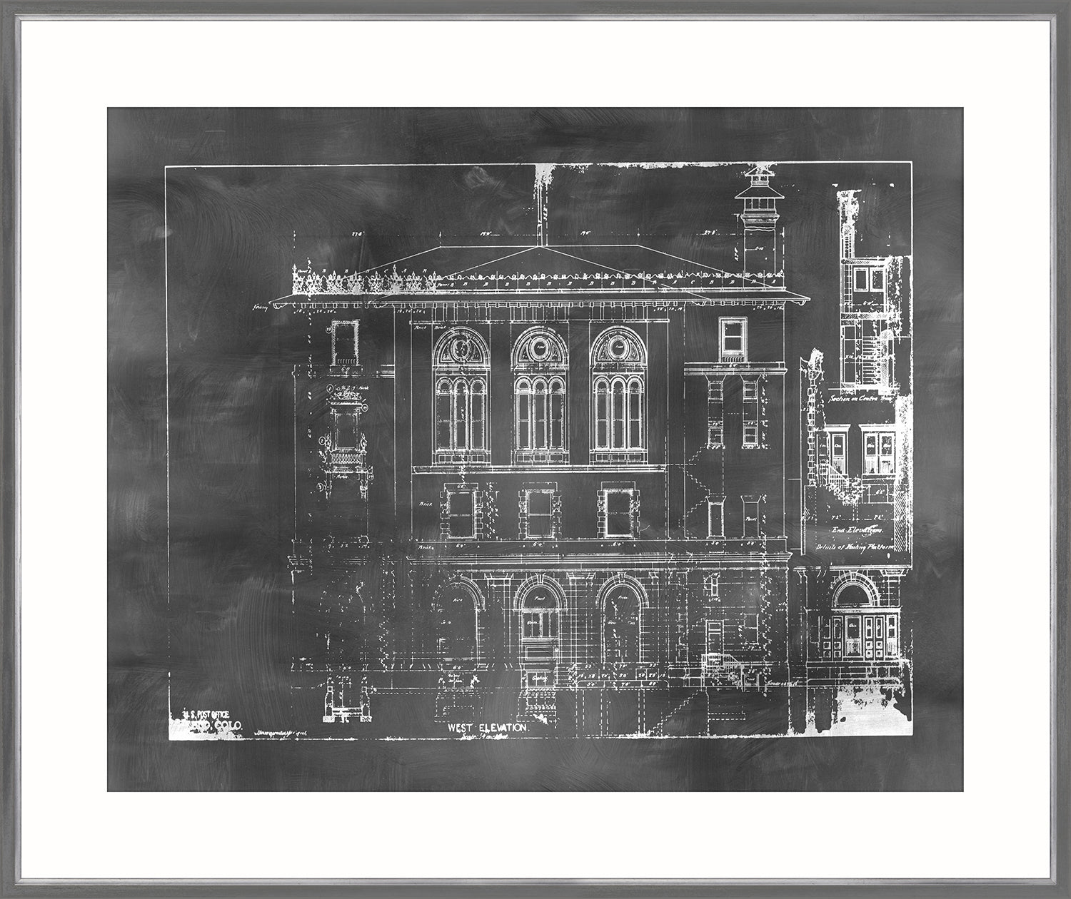 Blueprint – West Elevation wall art featuring a detailed architectural drawing in white on a dark background.
