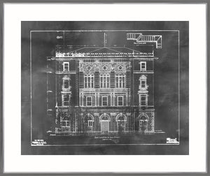 Blueprint – East Elevation wall art featuring detailed architectural drawing in white on black background.