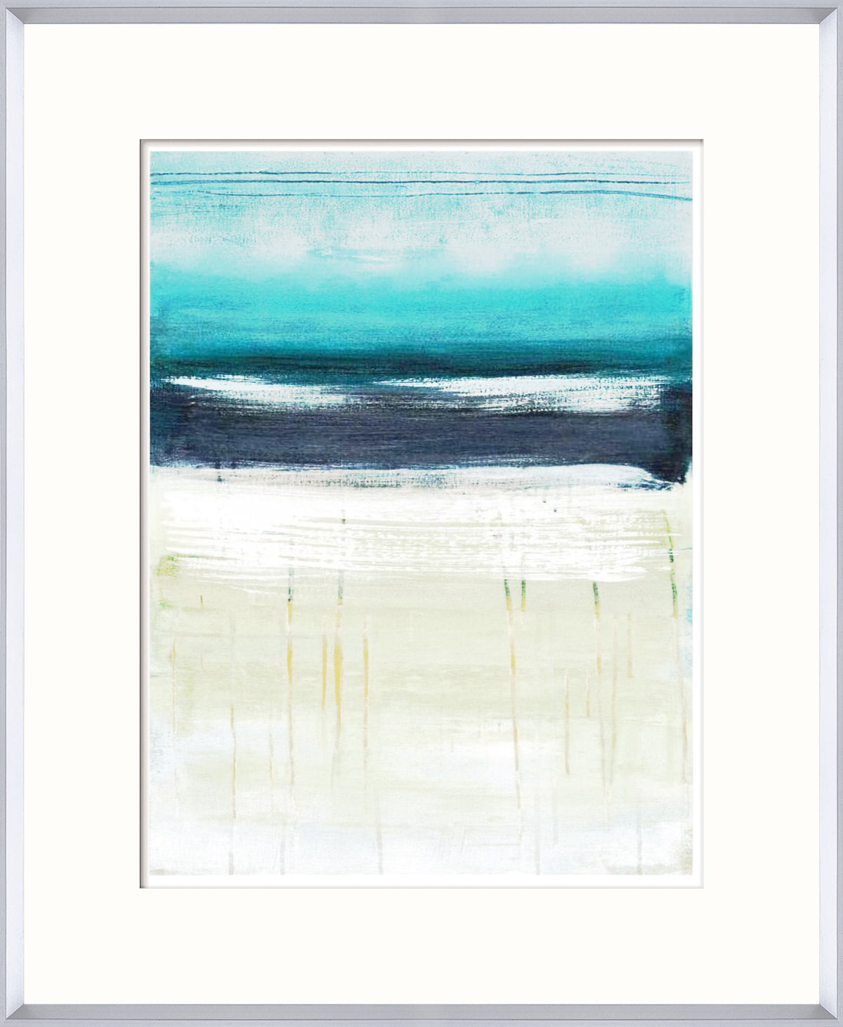 Sea & Sky II wall art featuring abstract ocean and sky in teal, navy, and cream colors.