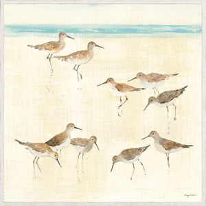 Sandpipers wall art featuring multiple shorebirds on a sandy beach with a light blue sky