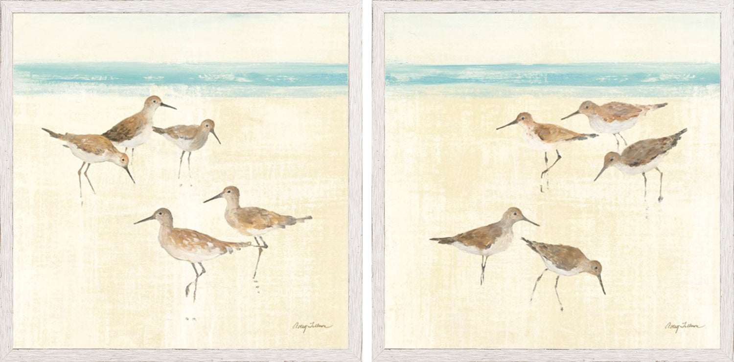 Sandpipers S/2 wall art featuring two framed prints of shorebirds on a sandy beach.