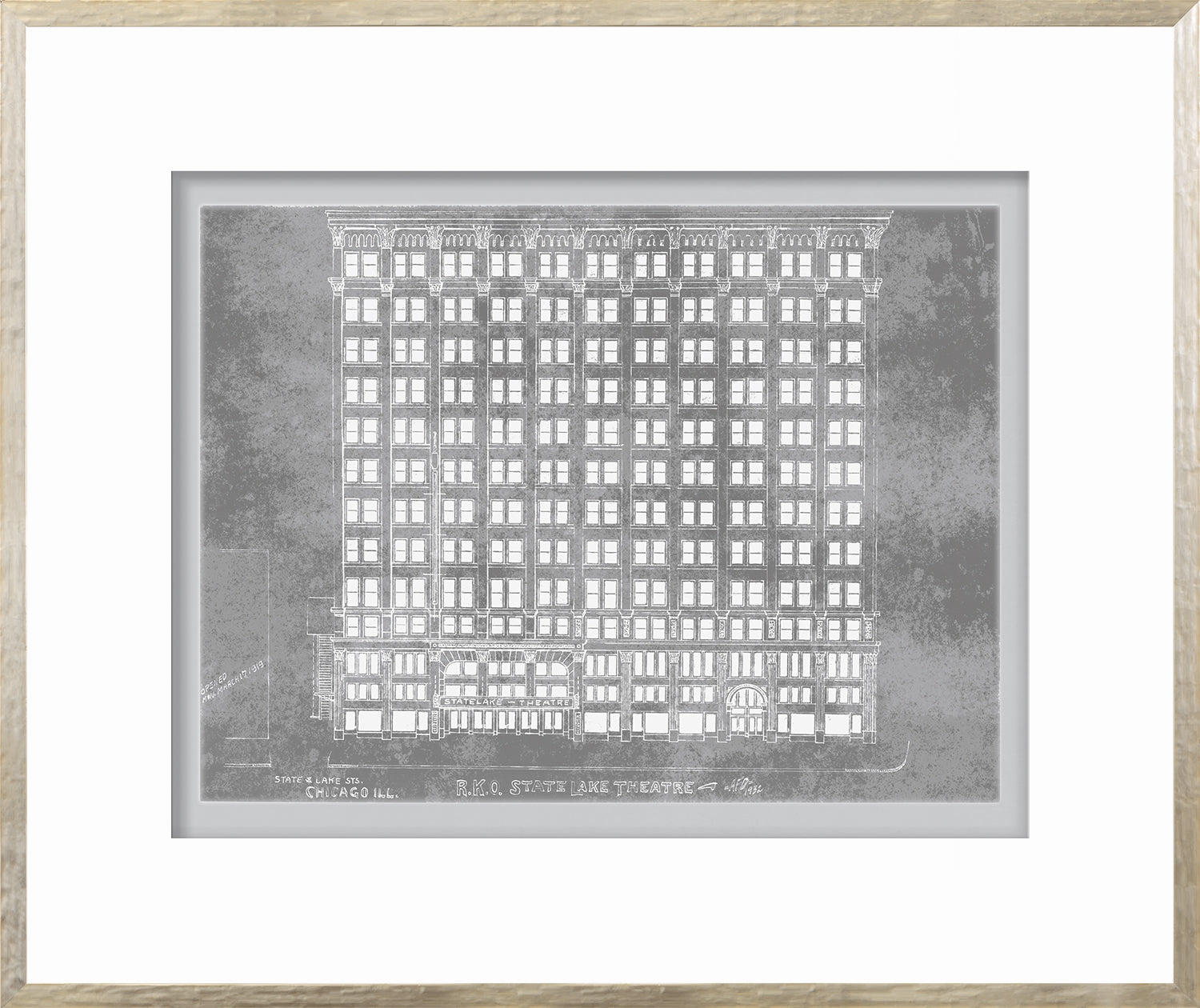R.K.O. State Theatre wall art featuring a detailed sketch of the building in gray tones.