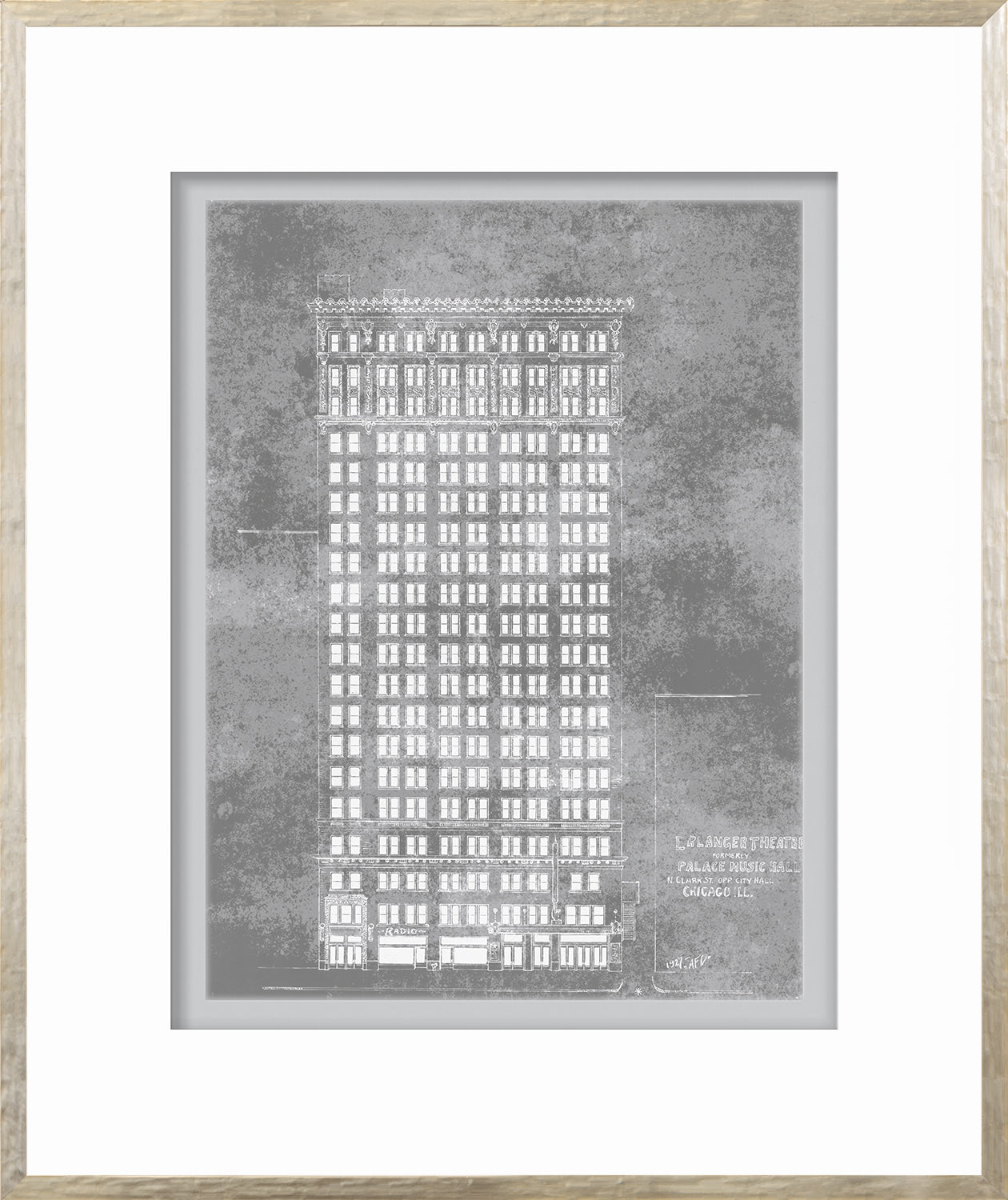 Erlanger Theatre wall art featuring a detailed gray illustration of the building.
