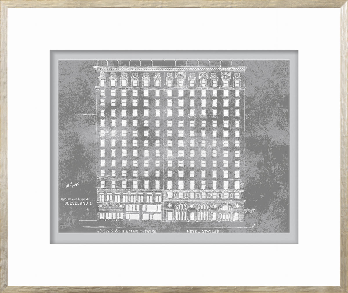 Loew's Stellman Theatre wall art featuring a detailed gray illustration of the building.