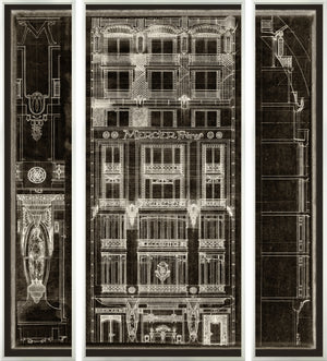 Mercier Freres Triptych wall art featuring architectural designs in white on a dark background