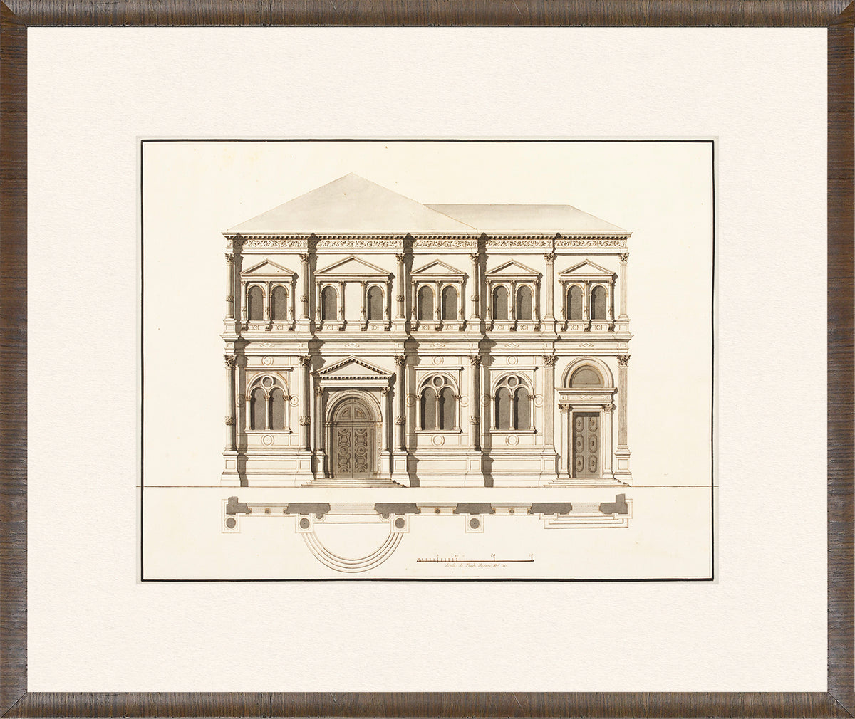 Italian Elevations 18th Century I wall art featuring a detailed architectural drawing in sepia tones.