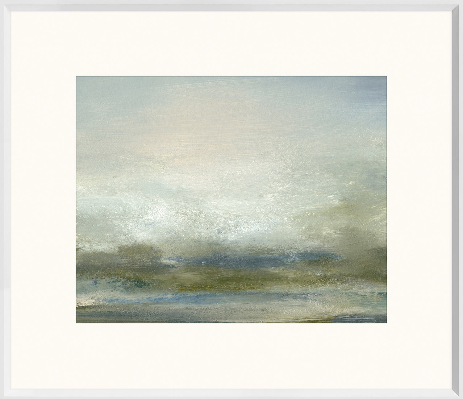 Sea I wall art by Celadon featuring soft blue and green abstract landscape with a light frame.