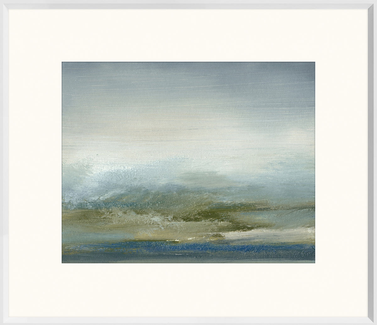 Sea II wall art featuring soft blue and green hues with abstract wave patterns, framed in white.