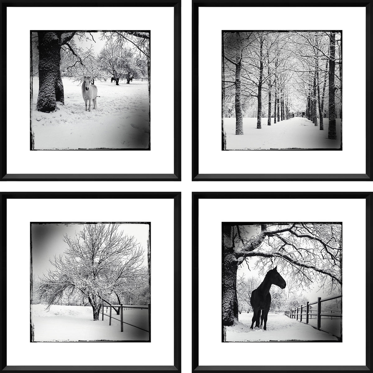 Winterscapes S/4 wall art featuring four black and white snowy landscapes with horses and trees