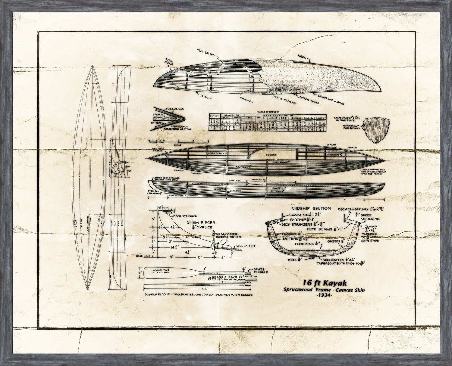 Kayak wall art featuring detailed blueprint of a 16 ft sprucewood kayak design on aged paper.