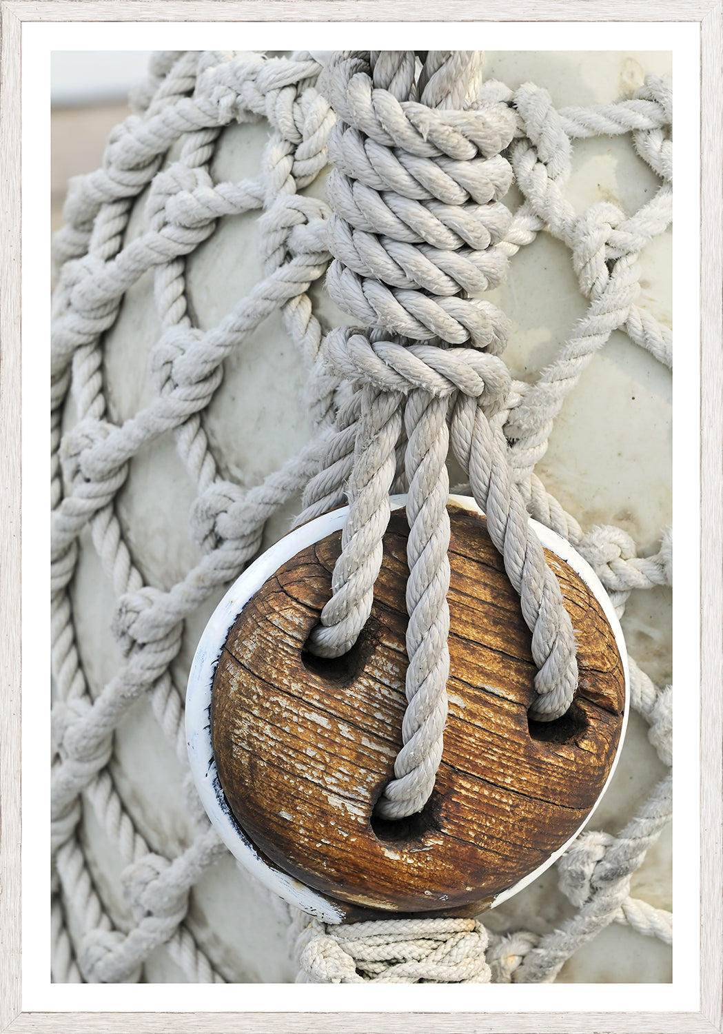 Nautical Blocks I wall art featuring a close-up of a wooden block and rope detail.