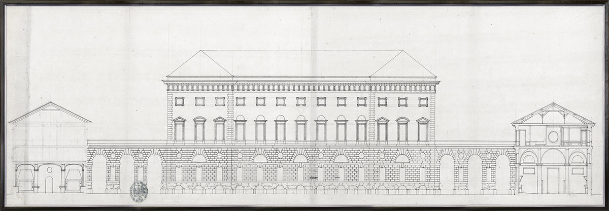 Palace Of The Prince-Bishop II, architectural drawing in black and white, featuring detailed facade with arches and windows.