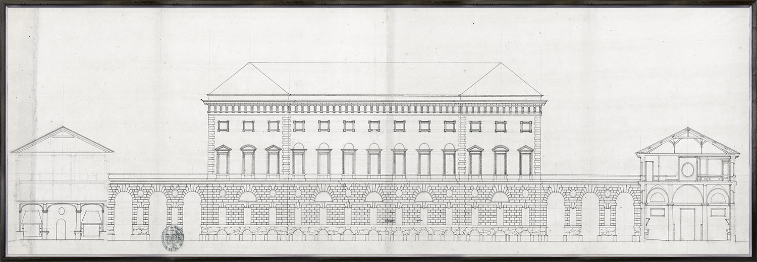 Palace Of The Prince-Bishop II, architectural drawing in black and white, featuring detailed facade with arches and windows.