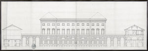 Palace Of The Prince-Bishop II, architectural drawing in black and white, featuring detailed facade with arches and windows.