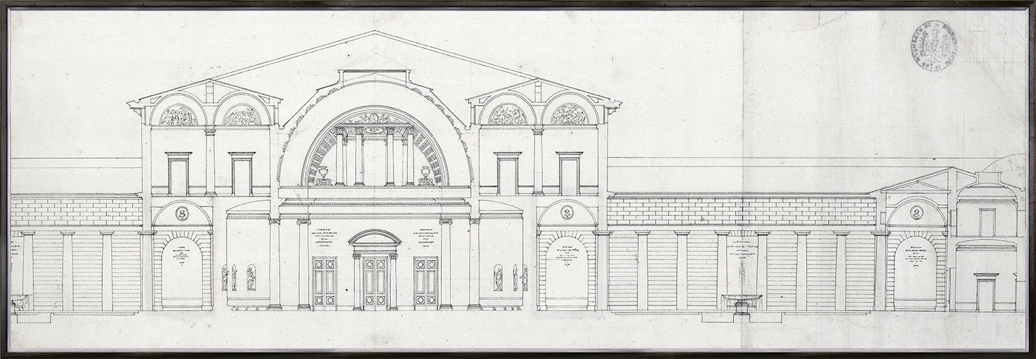 National Institute (1700-1800) architectural drawing in white on black background, framed in gold, featuring detailed façade design.