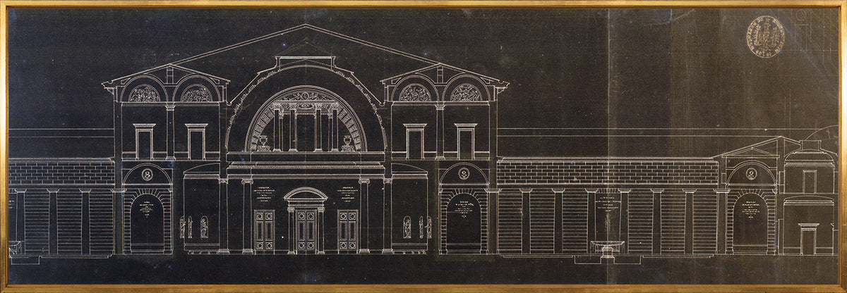 National Institute (1700-1800) architectural drawing in white on black background, framed in gold, featuring detailed façade design.