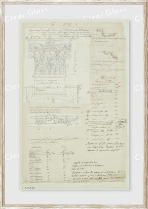 17th century architectural decoration sketch with floral motifs and measurements on aged paper.