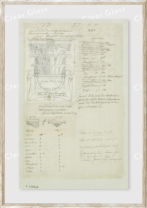 17th Century architectural decoration sketch with detailed notes and designs