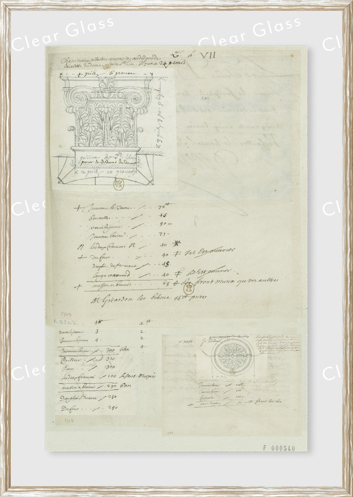 Architectural Decoration 17th Century III wall art featuring detailed sketches and notes on parchment.