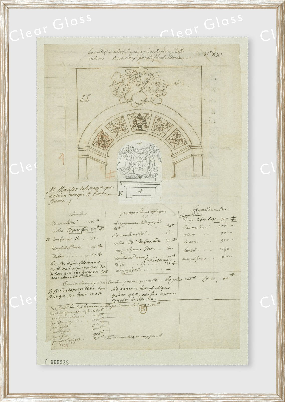 Architectural Decoration 17th Century V wall art featuring detailed sketches and notes on parchment.