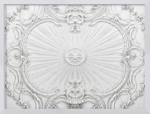 Plafond Decoratif I wall art featuring intricate white floral and sunburst design.