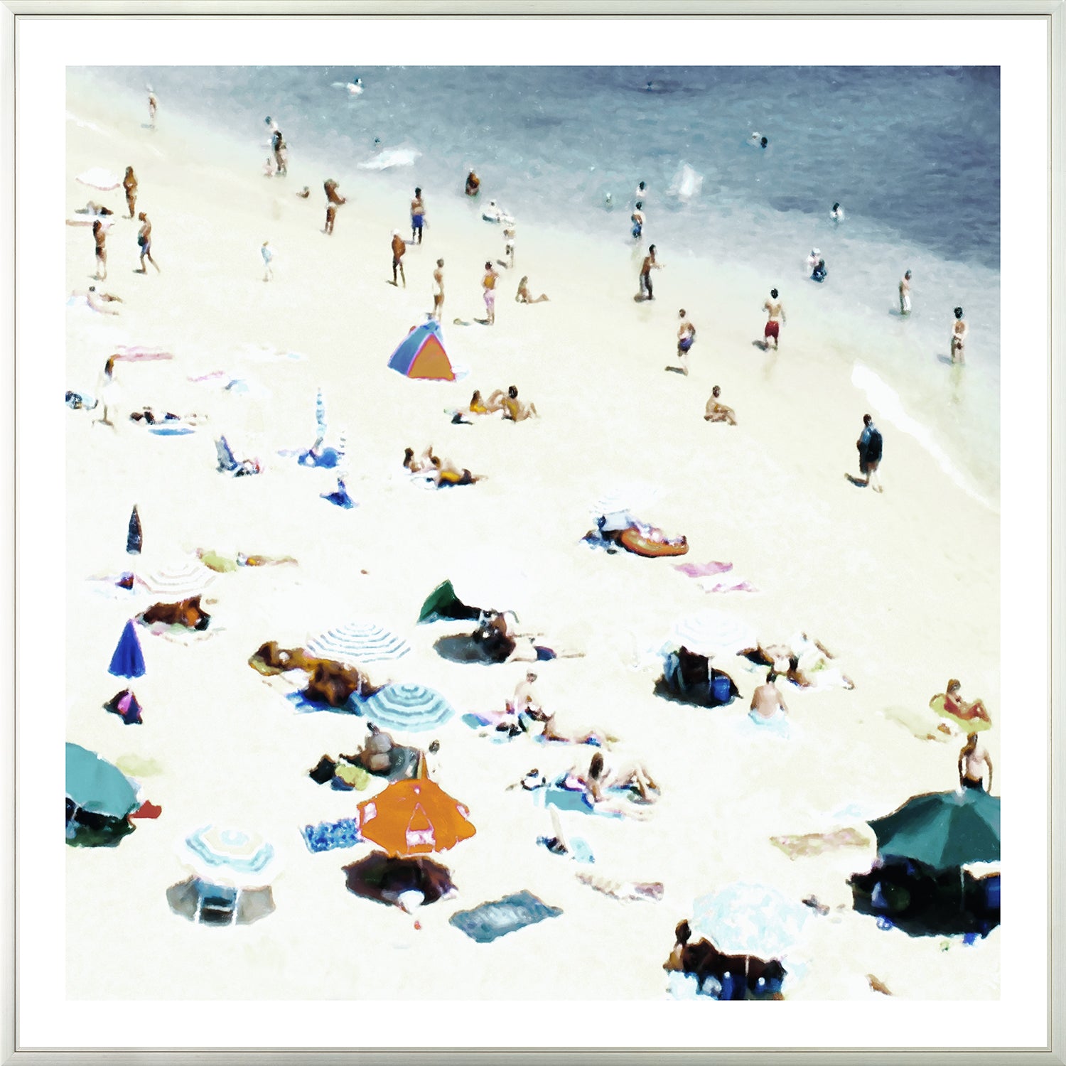 Sun Soaked wall art depicting a busy beach scene with umbrellas and people enjoying the sun.