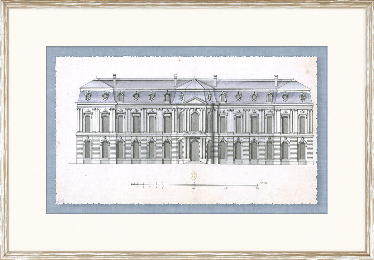 Blue Roof Façade I wall art featuring a detailed architectural drawing in gray and white, framed with a light-colored frame.