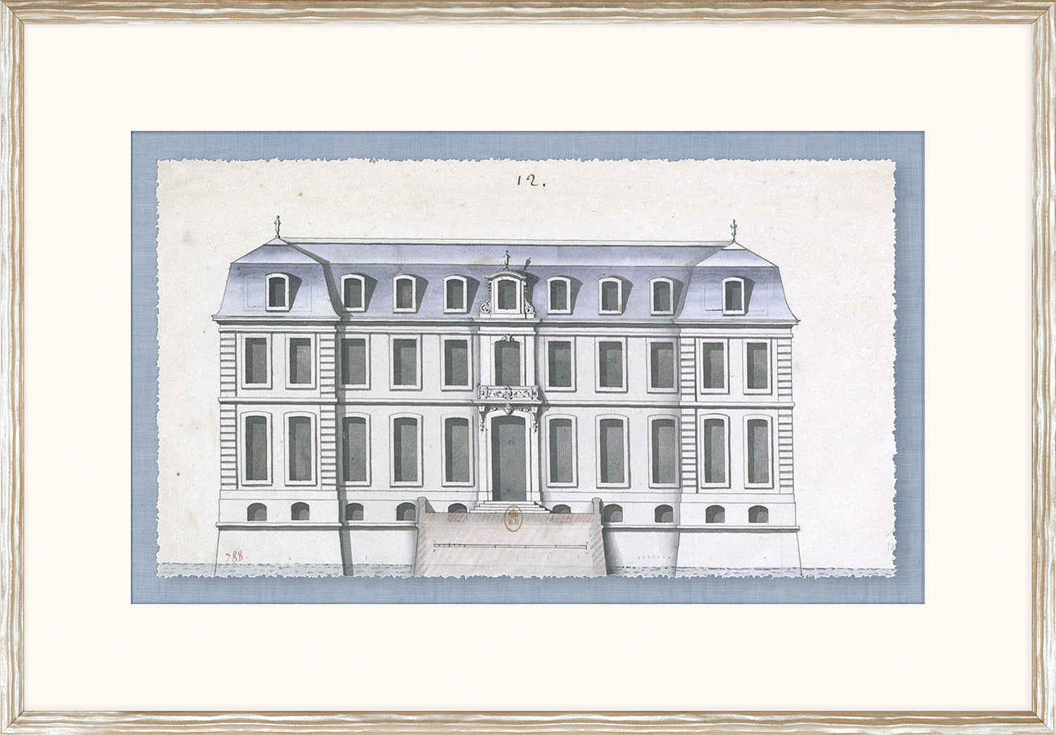 Blue Roof Façade II wall art featuring a detailed architectural illustration in muted colors.