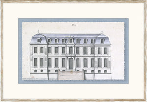 Blue Roof Façade II wall art featuring a detailed architectural illustration in muted colors.
