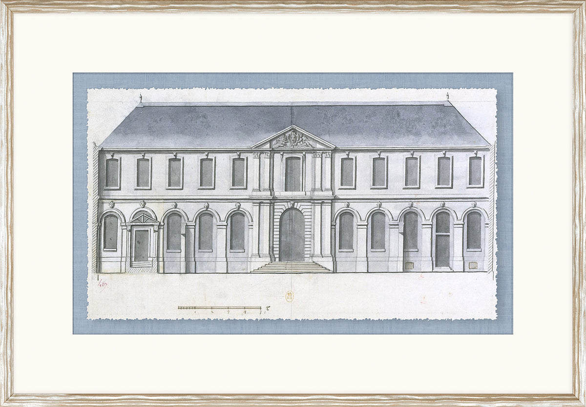 Blue Roof Façade IV wall art featuring a detailed architectural drawing in soft blue and gray tones.