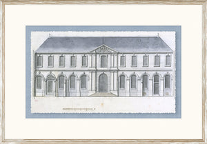 Blue Roof Façade IV wall art featuring a detailed architectural drawing in soft blue and gray tones.