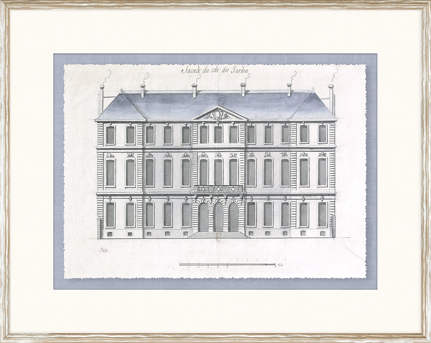 Blue Roof Façade VI wall art featuring a detailed architectural illustration in soft colors.