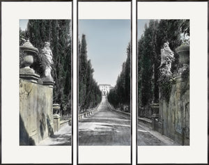 Sentiero Verso La Casa Triptych featuring a scenic pathway lined with cypress trees and stone sculptures
