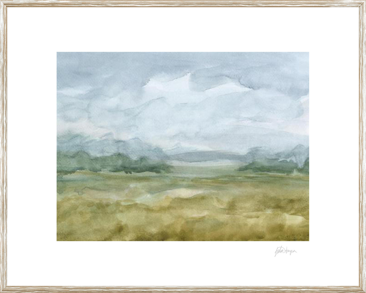 Watercolour Sketchbook III featuring a serene landscape with soft blue and green hues, framed in white.