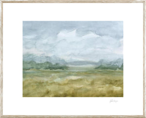 Watercolour Sketchbook III featuring a serene landscape with soft blue and green hues, framed in white.