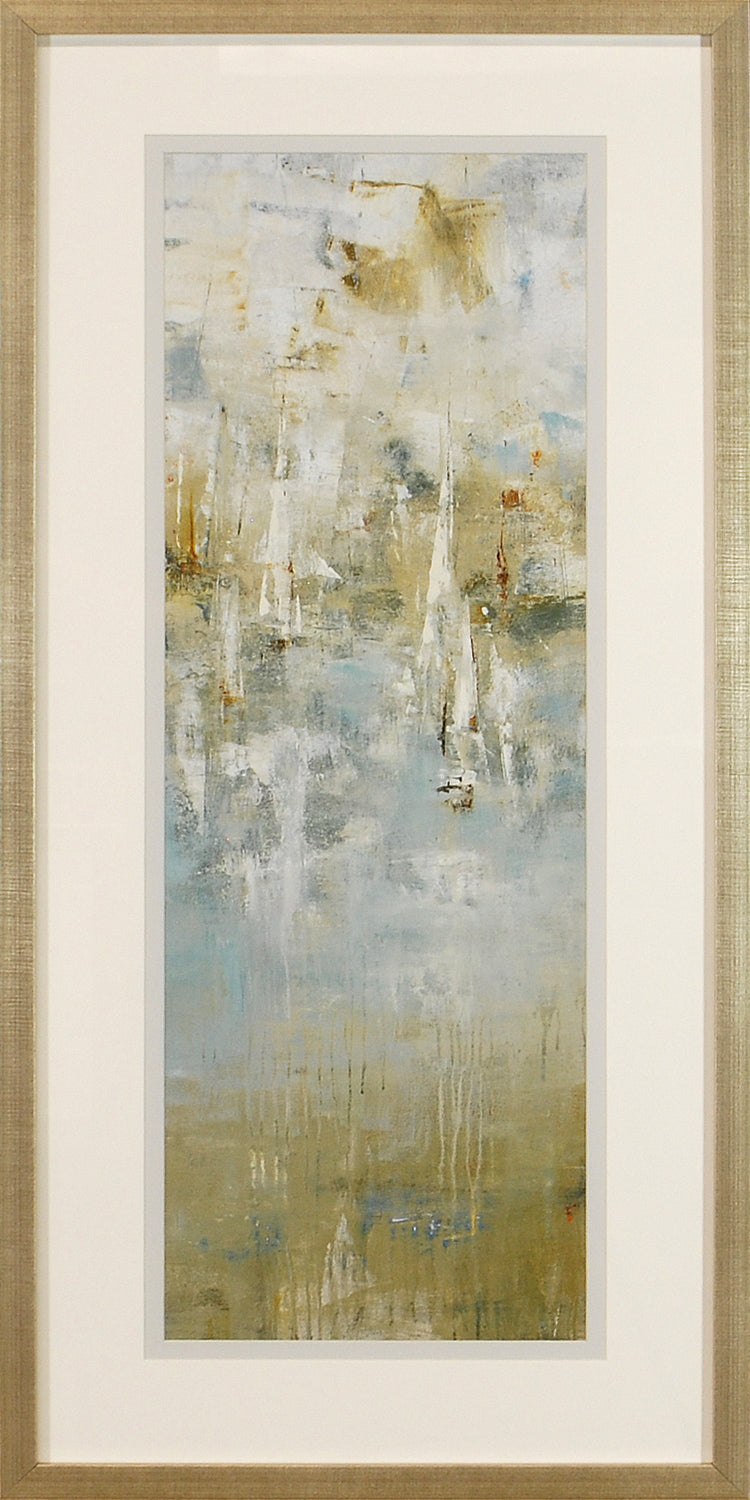 Sailors Muse II wall art featuring abstract sailboats in soft blues and golds, framed in light wood.